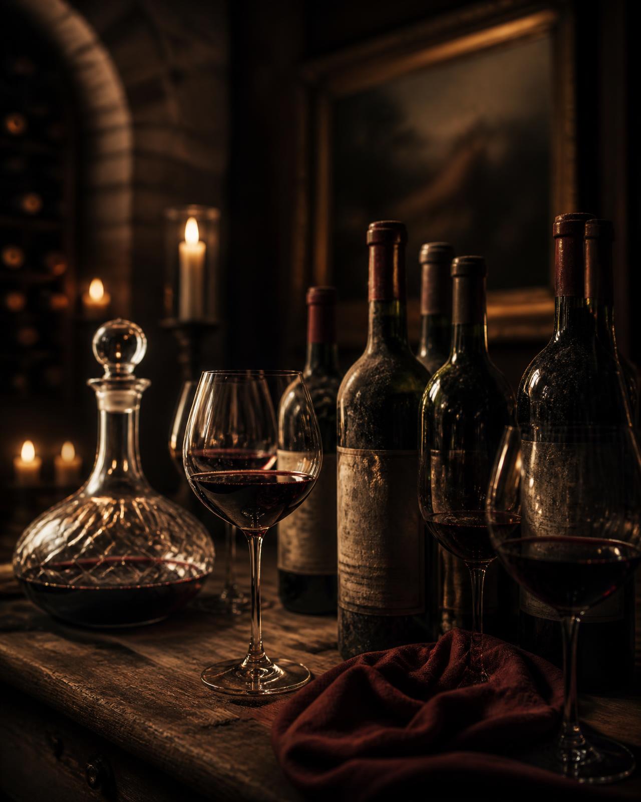 Vintage wine bottles, a crystal decanter and tasting glasses lit by candlelight
